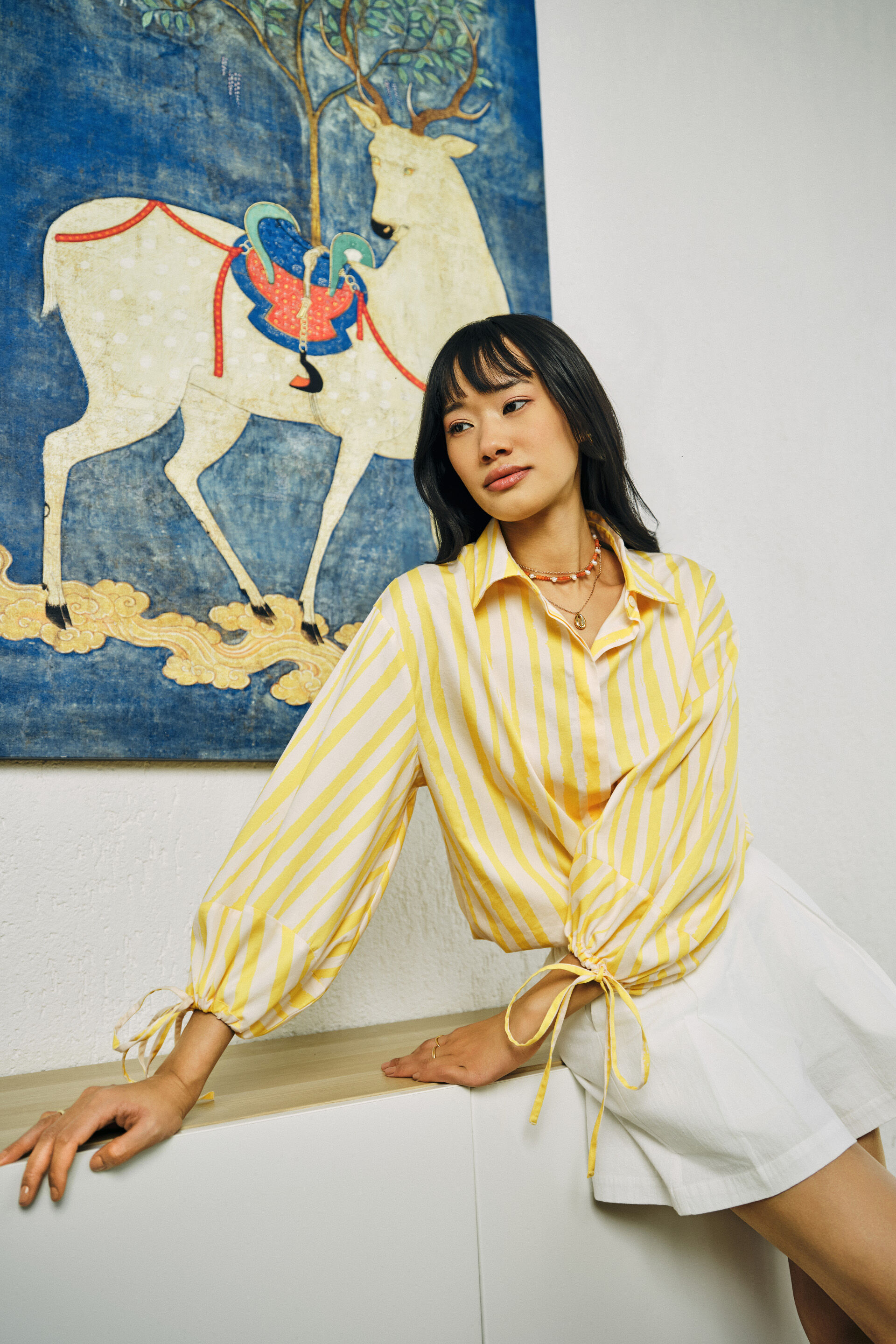 Karyne Striped Cotton Shirt, Yellow, image 3